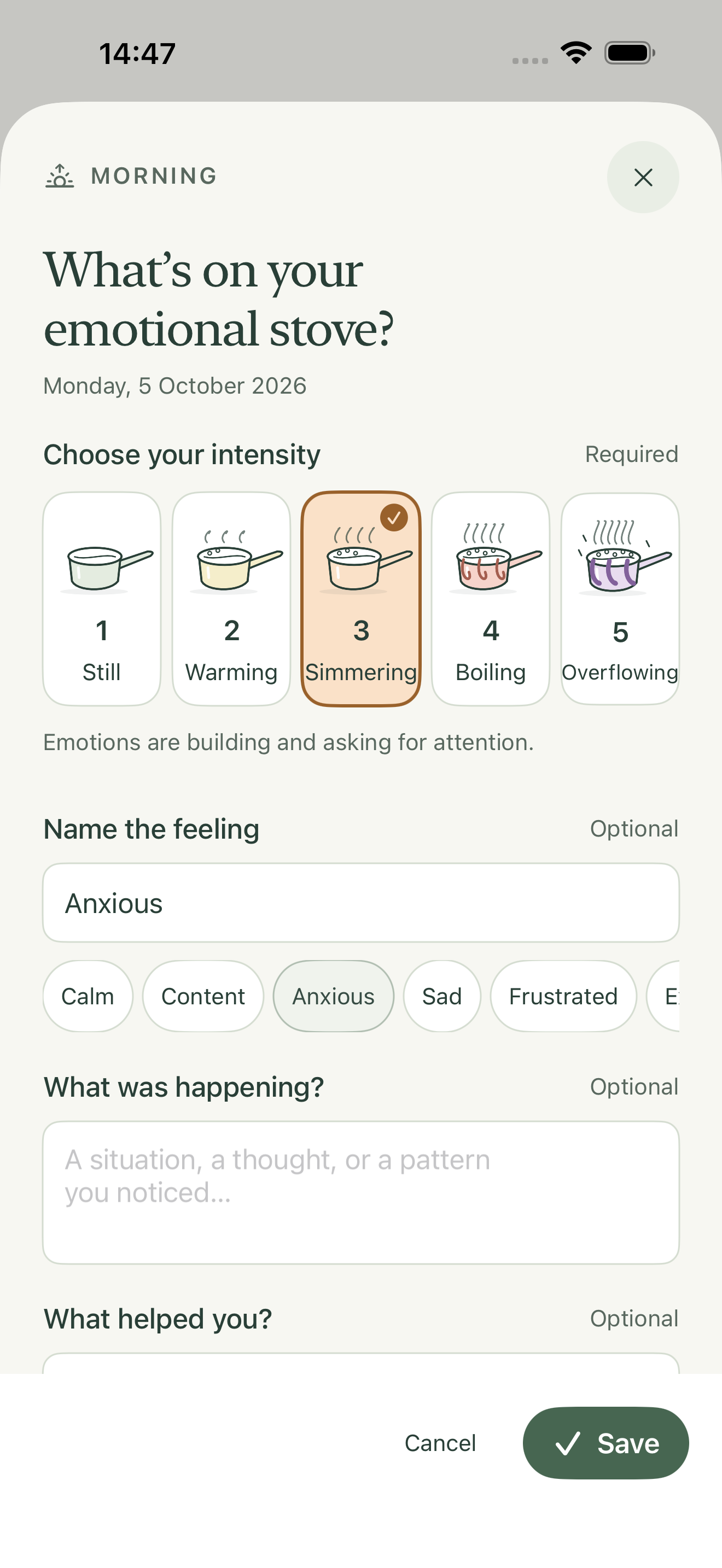 Dat Feel on iPhone: a morning check-in with Simmering selected and an optional feeling, situation, and helpful skill