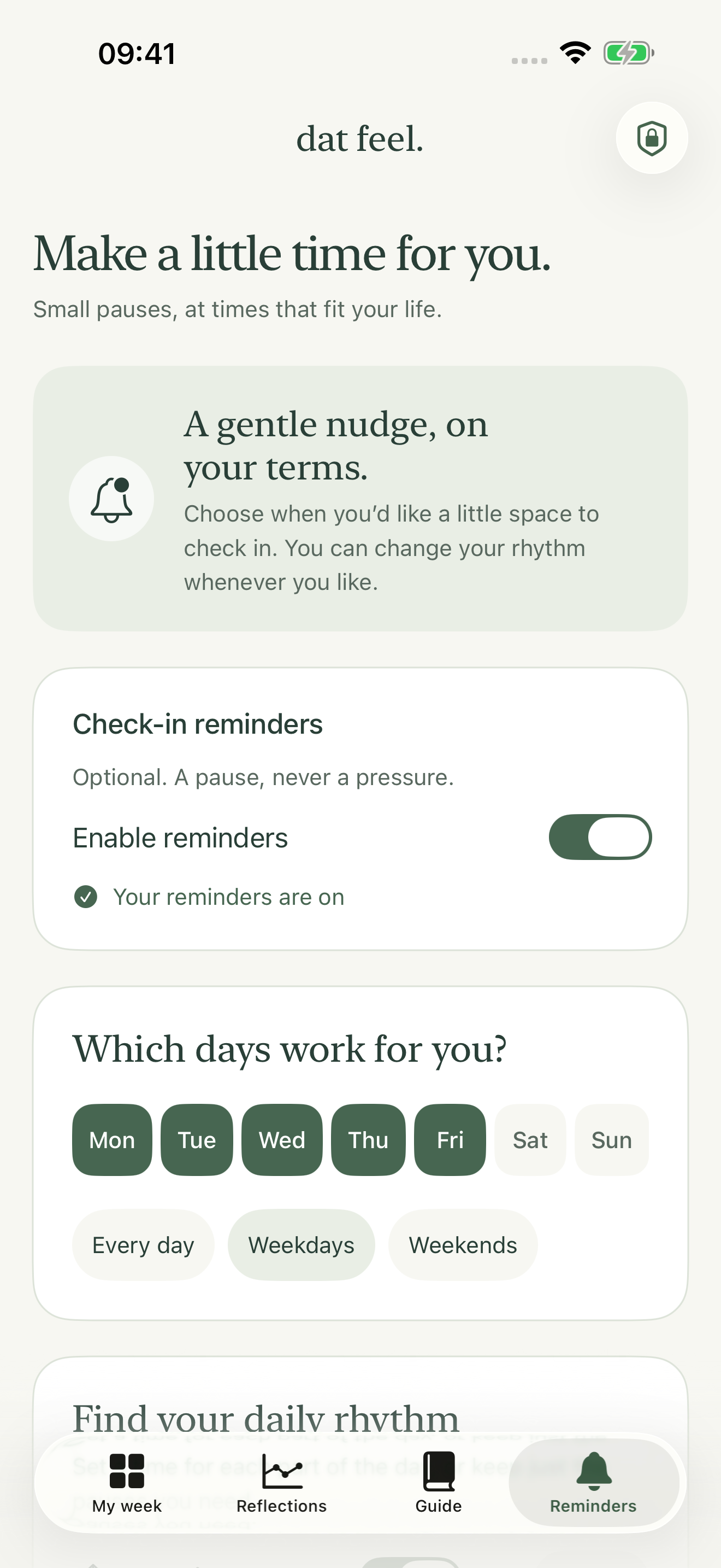 Dat Feel on iPhone: optional reminders with selected weekdays and daily pauses