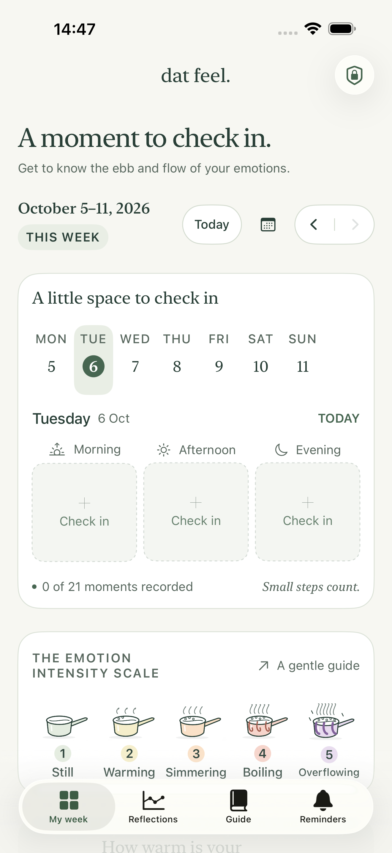 Dat Feel on iPhone: current week, daily check-ins, and five illustrated emotion intensities